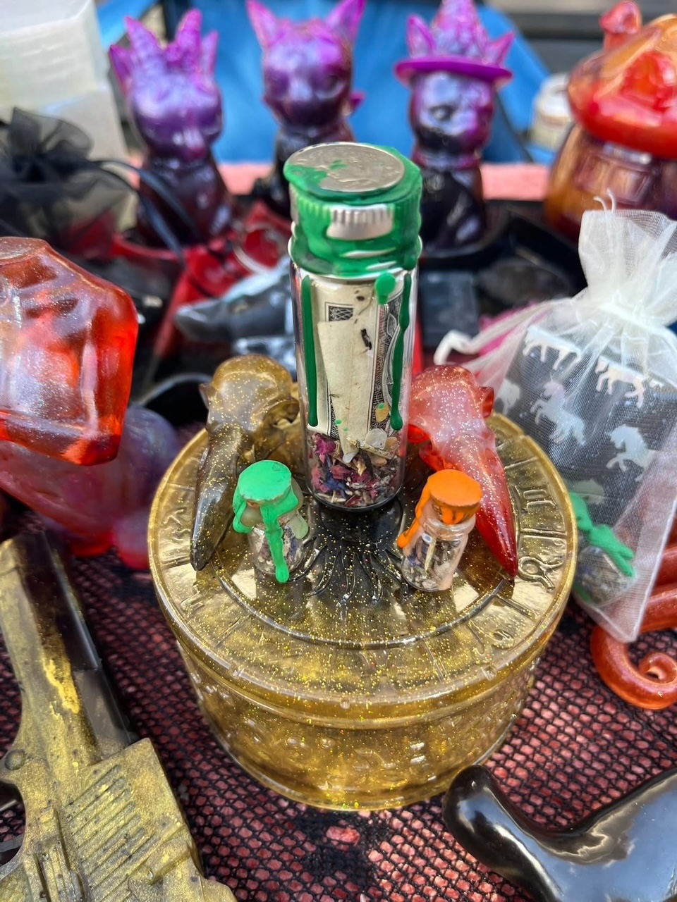 Manifestation altar jar display with ritual objects